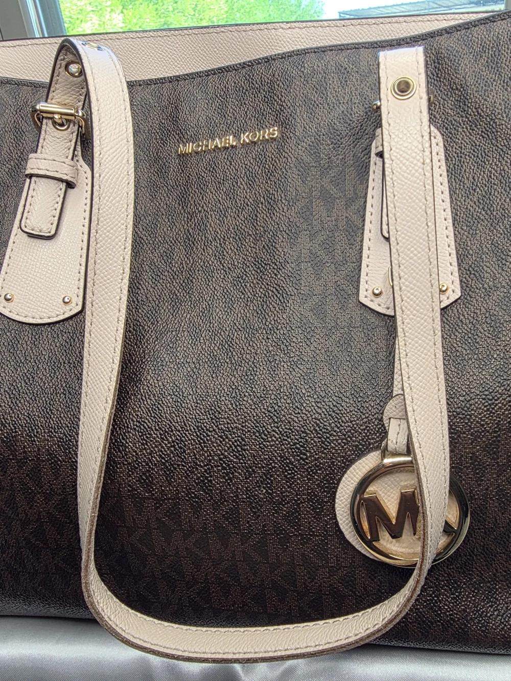 Michael Kors Brown Signature Logo Tote with Blush Leather Trim & Buckle Straps - Picture 2 of 11